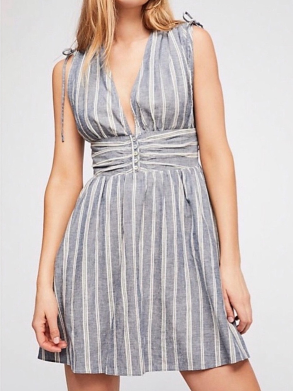 Free People Blue and White Vertical Stripe Tie-Shoulder Mini Dress
